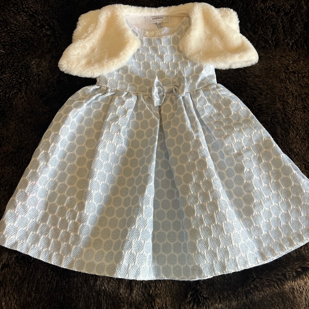 Popatu toddler girls shimmer dress with fur vest, EUC, 24 m